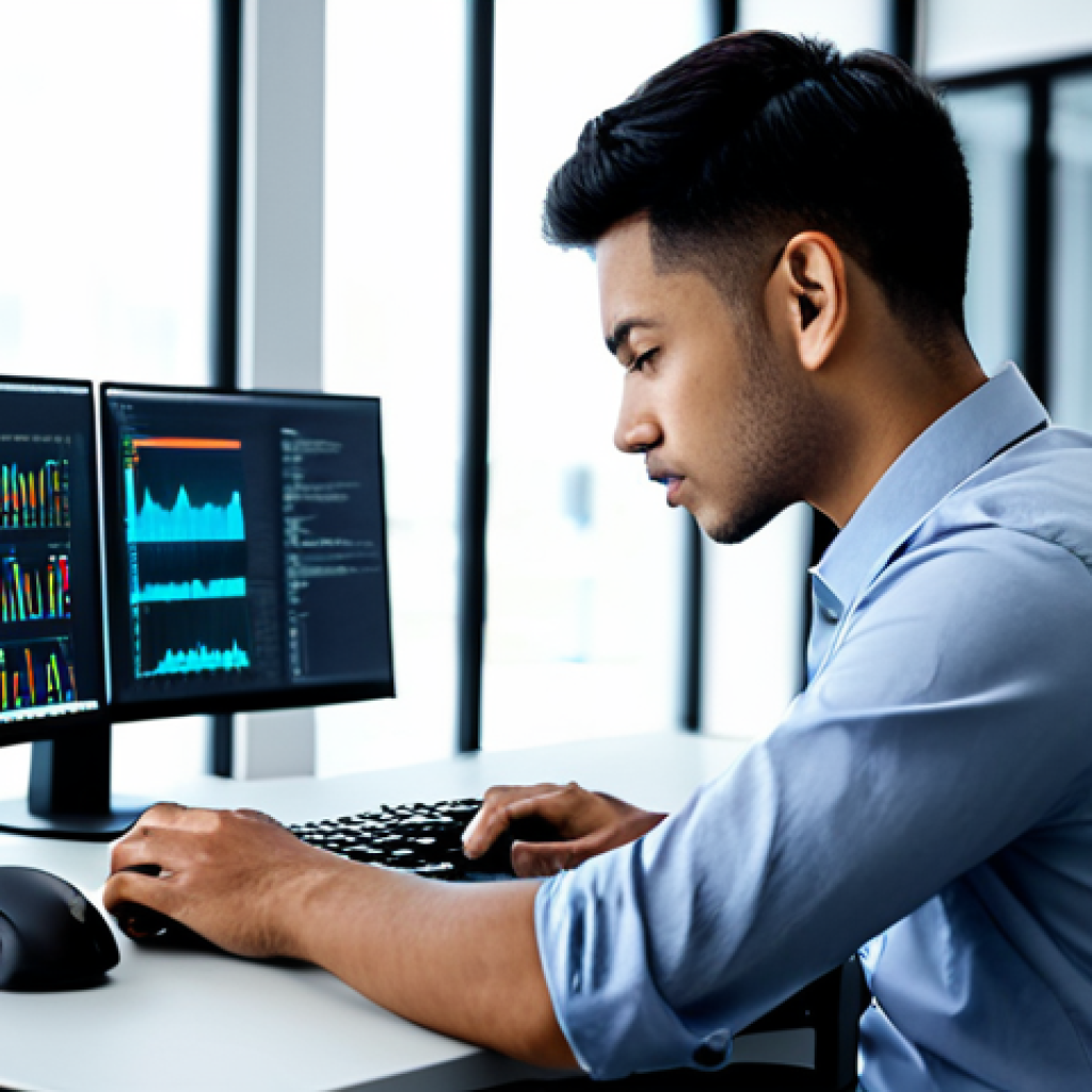 A focused professional IT technician, wearing a modest button-down shirt and smart trousers, deeply engaged in troubleshooting a computer system. The technician is seated at a sleek, modern desk with dual monitors displaying abstract code, system logs, and network diagrams. Their posture is natural, with one hand resting on a mechanical keyboard and the other near a precision mouse. The background is a contemporary, clean office environment with soft ambient lighting. Perfect anatomy, correct proportions, well-formed hands, proper finger count, natural body proportions, professional photography, high detail, sharp focus, safe for work, appropriate content, fully clothed, professional.