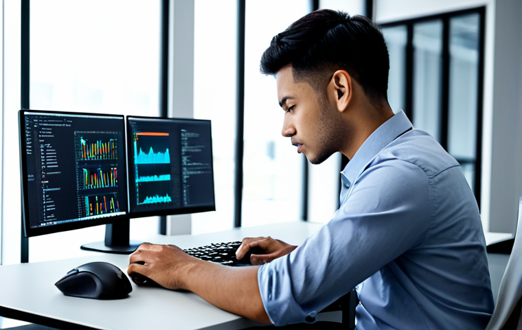A focused professional IT technician, wearing a modest button-down shirt and smart trousers, deeply engaged in troubleshooting a computer system. The technician is seated at a sleek, modern desk with dual monitors displaying abstract code, system logs, and network diagrams. Their posture is natural, with one hand resting on a mechanical keyboard and the other near a precision mouse. The background is a contemporary, clean office environment with soft ambient lighting. Perfect anatomy, correct proportions, well-formed hands, proper finger count, natural body proportions, professional photography, high detail, sharp focus, safe for work, appropriate content, fully clothed, professional.