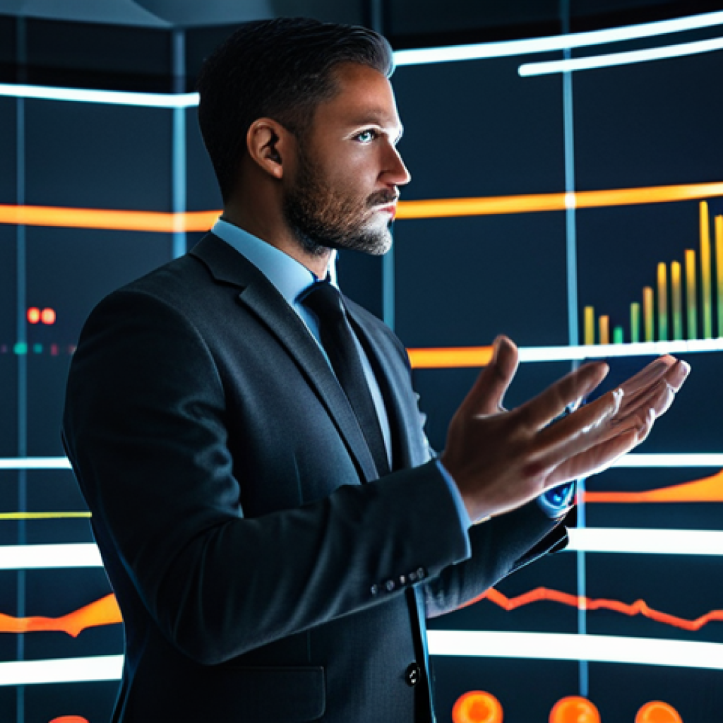 A focused professional in a modern, dark gray business suit, perfect anatomy, correct proportions. They are standing in a sleek, high-tech control room with large, abstract data displays showing swirling patterns of red and orange light, symbolizing complex challenges and data analysis. The lighting is sophisticated and atmospheric, casting soft glows. The individual is in a natural pose, looking intently at a holographic interface with well-formed hands gesturing thoughtfully. Professional photography, high resolution, cinematic lighting, ultra-detailed, sharp focus, safe for work, appropriate content, fully clothed, professional.