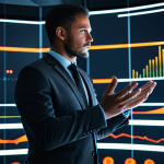 A focused professional in a modern, dark gray business suit, perfect anatomy, correct proportions. They are standing in a sleek, high-tech control room with large, abstract data displays showing swirling patterns of red and orange light, symbolizing complex challenges and data analysis. The lighting is sophisticated and atmospheric, casting soft glows. The individual is in a natural pose, looking intently at a holographic interface with well-formed hands gesturing thoughtfully. Professional photography, high resolution, cinematic lighting, ultra-detailed, sharp focus, safe for work, appropriate content, fully clothed, professional.