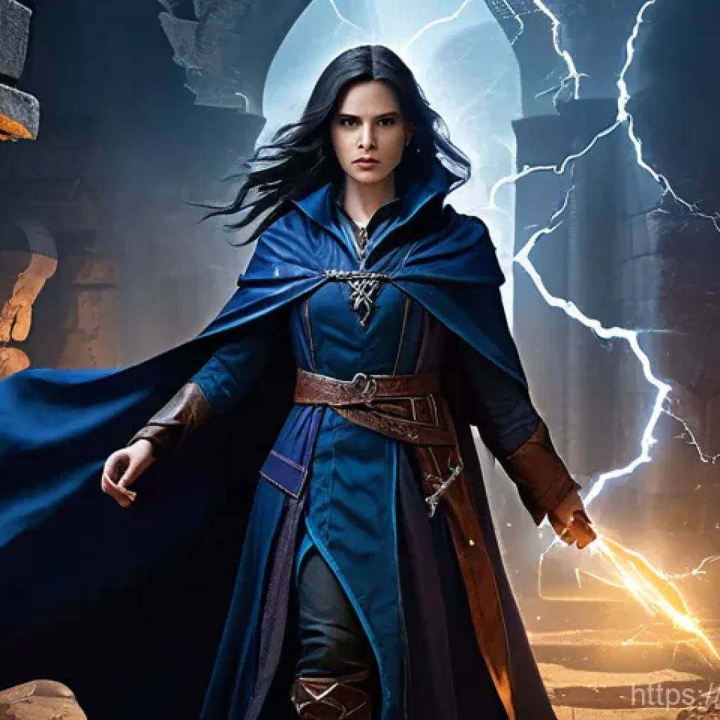 디아블로2 리마스터 클래스 선택 - A determined young female Sorceress, with long, windswept dark hair, stands heroically amidst the ru...