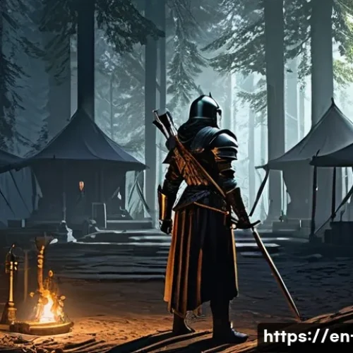 디아블로2 리마스터 특징 분석 - **Prompt 1: Rogue Encampment Vigil**
    "An Amazon warrior stands vigil at the entrance of the meti...