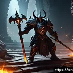 Home 18 디아블로2 디아블로 클론 소환법 - A dark, gothic fantasy dungeon scene featuring a fierce Diablo Clone emerging amidst swirling infern...