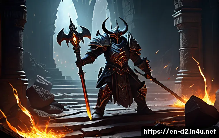 디아블로2 디아블로 클론 소환법 - A dark, gothic fantasy dungeon scene featuring a fierce Diablo Clone emerging amidst swirling infern...