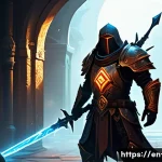 Home 17 디아블로2 용병 파밍 전략 - A detailed fantasy scene featuring an Act 2 Desert Mercenary clad in sturdy armor with a gleaming po...