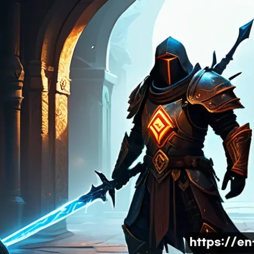 Home 29 디아블로2 용병 파밍 전략 - A detailed fantasy scene featuring an Act 2 Desert Mercenary clad in sturdy armor with a gleaming po...