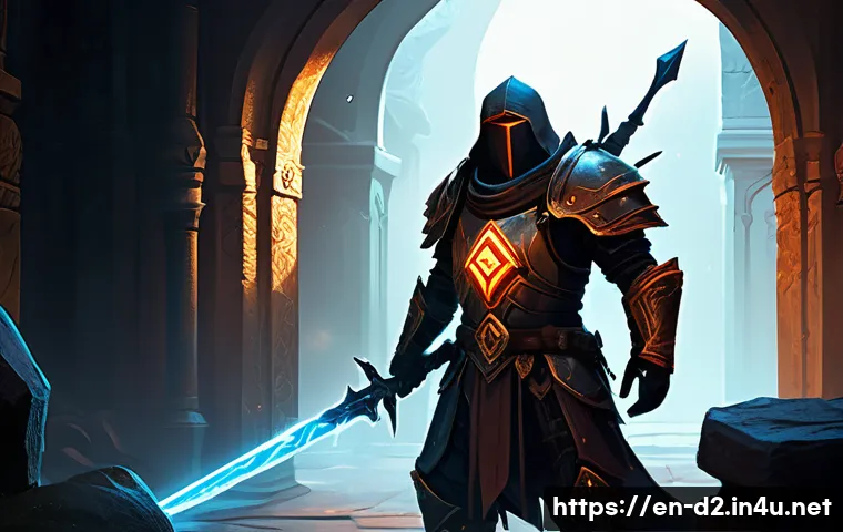 디아블로2 용병 파밍 전략 - A detailed fantasy scene featuring an Act 2 Desert Mercenary clad in sturdy armor with a gleaming po...