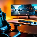 Home 21 디아블로2 플레이 타임 관리 - A cozy, ergonomic gaming setup in a modern room during late evening, featuring a sleek desk with a l...