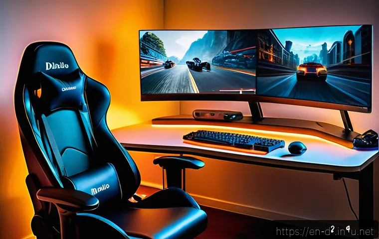 디아블로2 플레이 타임 관리 - A cozy, ergonomic gaming setup in a modern room during late evening, featuring a sleek desk with a l...