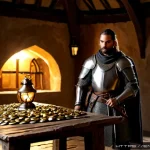 디아블로2 용병 고용 및 운영 - Photorealistic dark medieval fantasy tavern where a battle-worn adventurer hires a desert mercenary,...