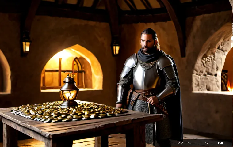 디아블로2 용병 고용 및 운영 - Photorealistic dark medieval fantasy tavern where a battle-worn adventurer hires a desert mercenary,...