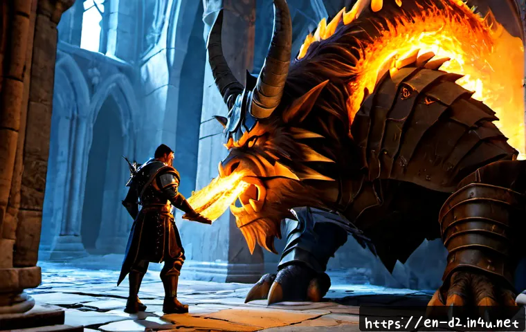 디아블로2 적의 스킬 패턴 분석 - Photorealistic dark fantasy action game scene, a heavily armored adventurer studying the attack patt...