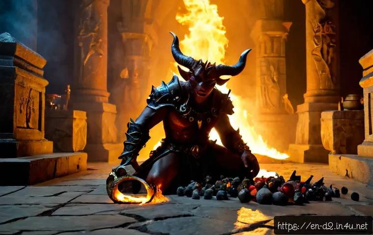 디아블로2 액트 보스 드랍 아이템 - Photorealistic dark fantasy dungeon scene, a defeated horned demon boss dissolving into smoky embers...