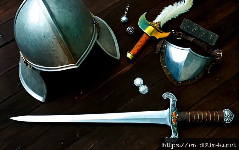 디아블로2 셋트 아이템 리스트 - Photorealistic fantasy game inventory concept, a neatly arranged collection of medieval adventure eq...