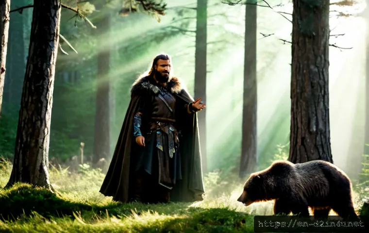 디아블로2 드루이드 소환 빌드 - Photorealistic dark fantasy action scene, a rugged woodland druid in layered leather armor and a fur...
