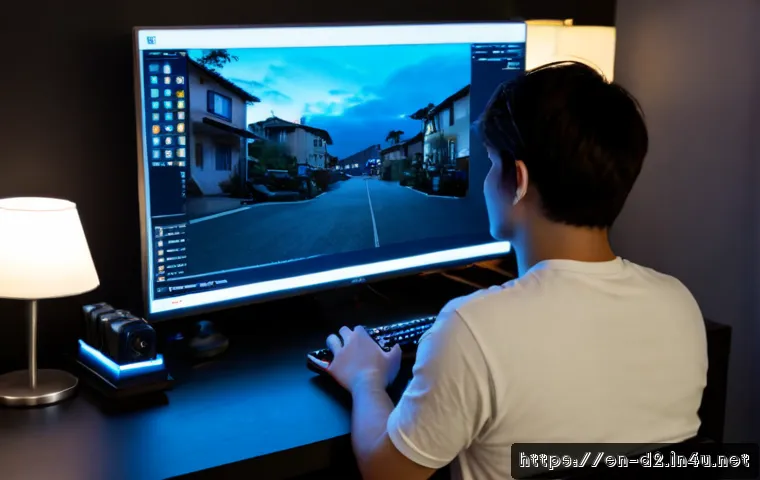 디아블로2 주사율 최적화 - Photorealistic home gaming desk at dusk, an adult gamer viewed from behind wearing casual clothing, ...